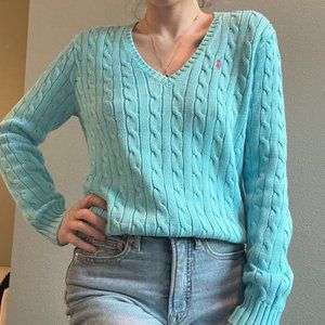 Ralph Lauren Spot Aqua Blue Knit V-Neck Sweater
